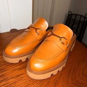 Zara Brown Leather Platform Slides Loafers